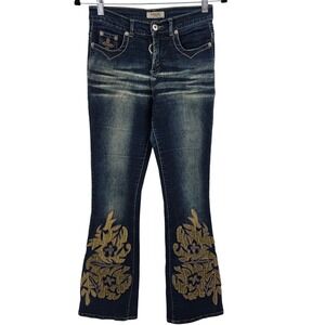 Liquid X Jeans Womens 3 Dark Wash Flare Velvet Applique Y2K Vintage Retro